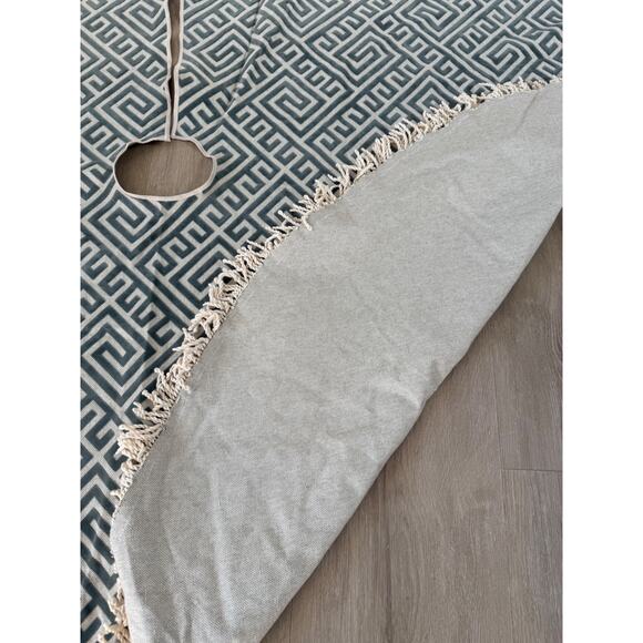 Handmade Greek Key Christmas Tree Skirt, ap 60” Round Decorator Canvas Fringe - Picture 7 of 9